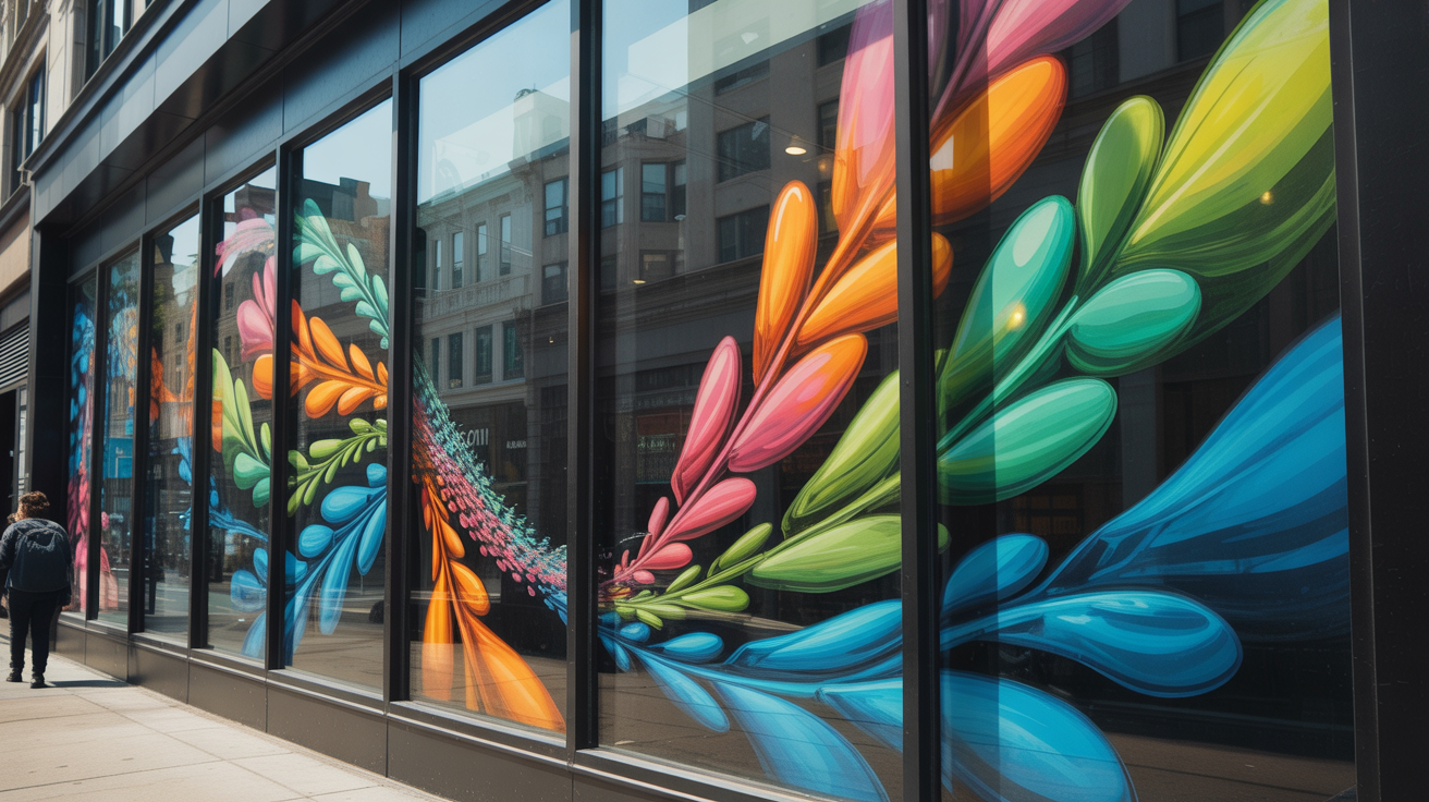 Vibrant storefront window display with artistic graphics showcasing creative signage in Delray Beach Art District